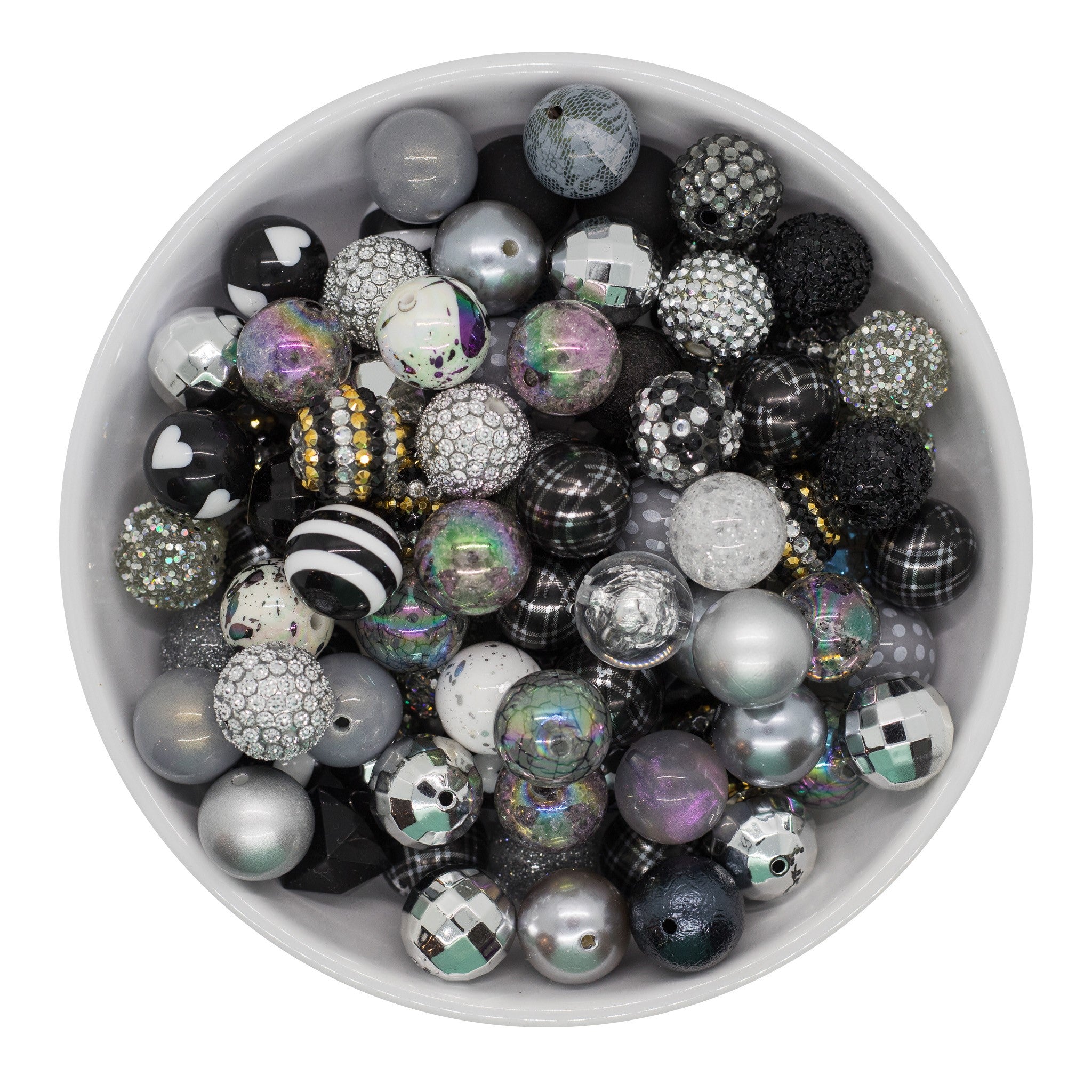 Bead mix, acrylic, opaque silver and black, 6mm cube with alphabet letters.  Sold per pkg of 100. - Fire Mountain Gems and Beads