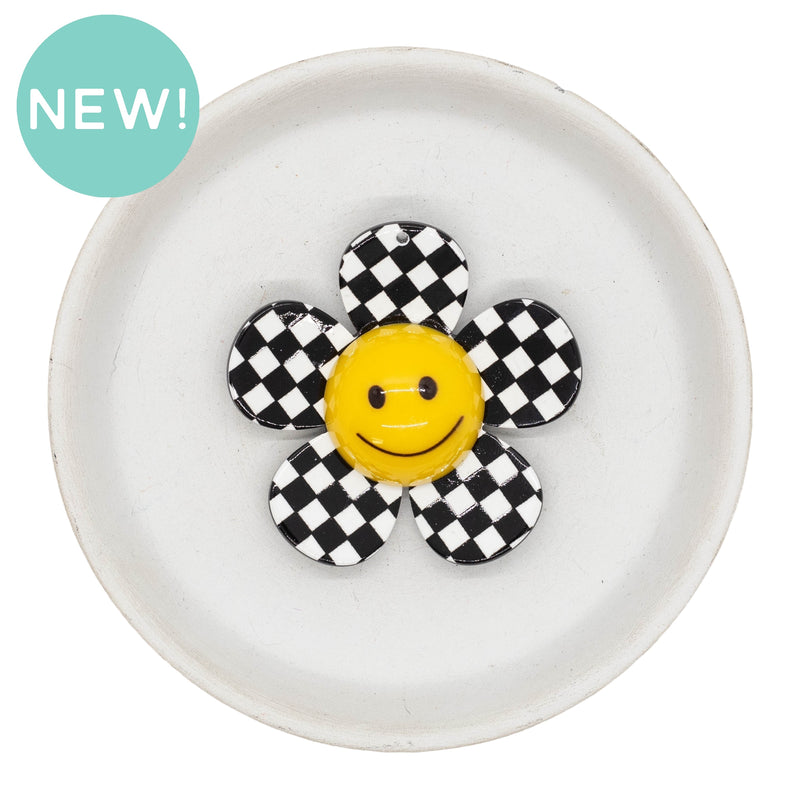 3-D Black & White Check Smiling Daisy Acrylic Accent w/Hole 40x33mm (Package of 1)