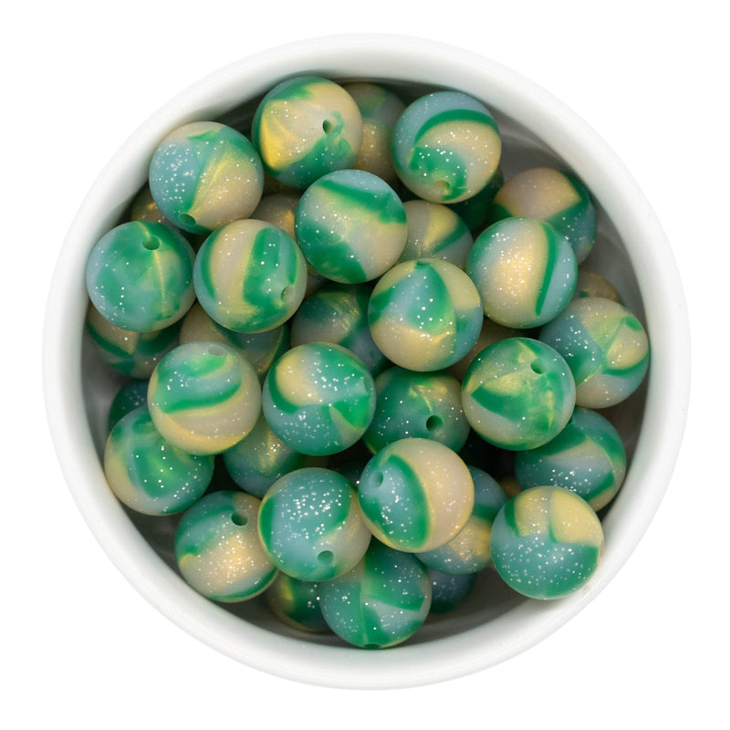 Marbled Gold, Green and Mint Foil Fleck Silicone Beads 15mm (Package of 10)