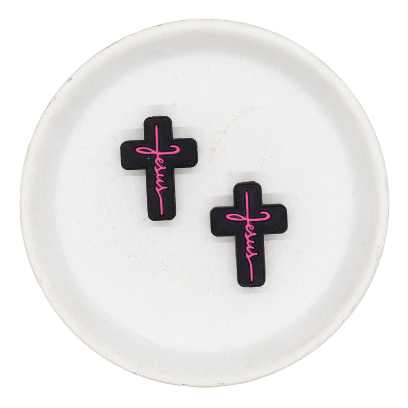 Black Cross w/Hot Pink Jesus Script Silicone Focal Bead 30x22mm (Package of 2)