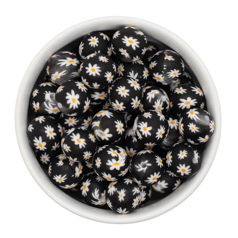 Daisies on Black Printed Silicone Beads 15mm