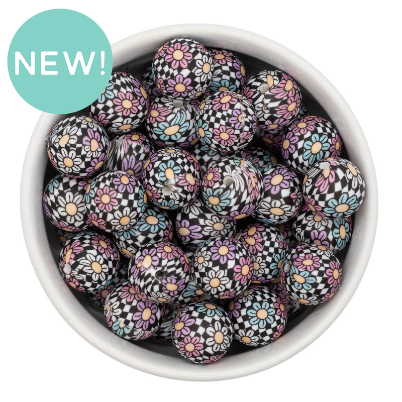 Multicolor Daisies Over Black & White Check Printed Silicone Beads 15mm