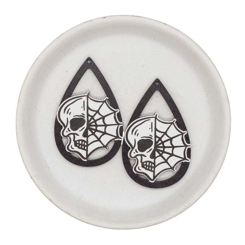 Skull & Spiderweb Teardrop Printed Wood w/Hole 54x33mm (Package of 2)