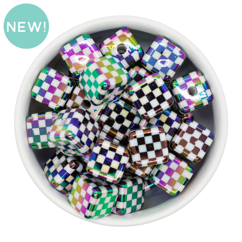 Iridescent Black and White Check Square Beads 16mm (Package of 10)