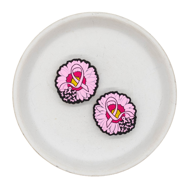 Pink Flower w/Pink Ribbon Silicone Focal Bead 28mm (Package of 2)