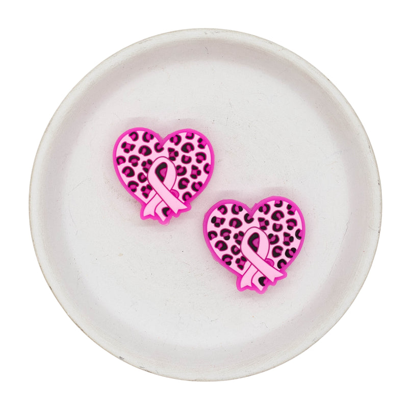 Pink Leopard Heart w/Pink Ribbon Silicone Focal Bead 29x30mm (Package of 2)