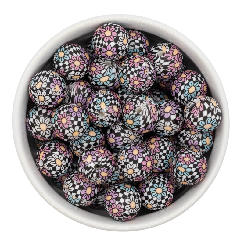 Multicolor Daisies Over Black & White Check Printed Silicone Beads 15mm