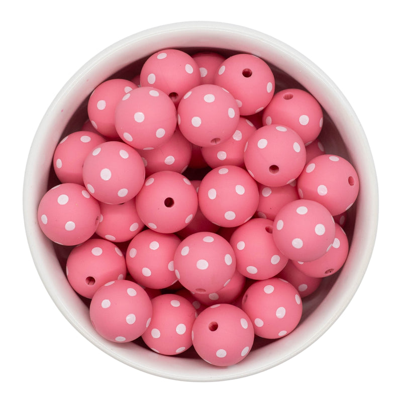 Coral Pink w/White Polka Dot Printed Silicone Beads 15mm