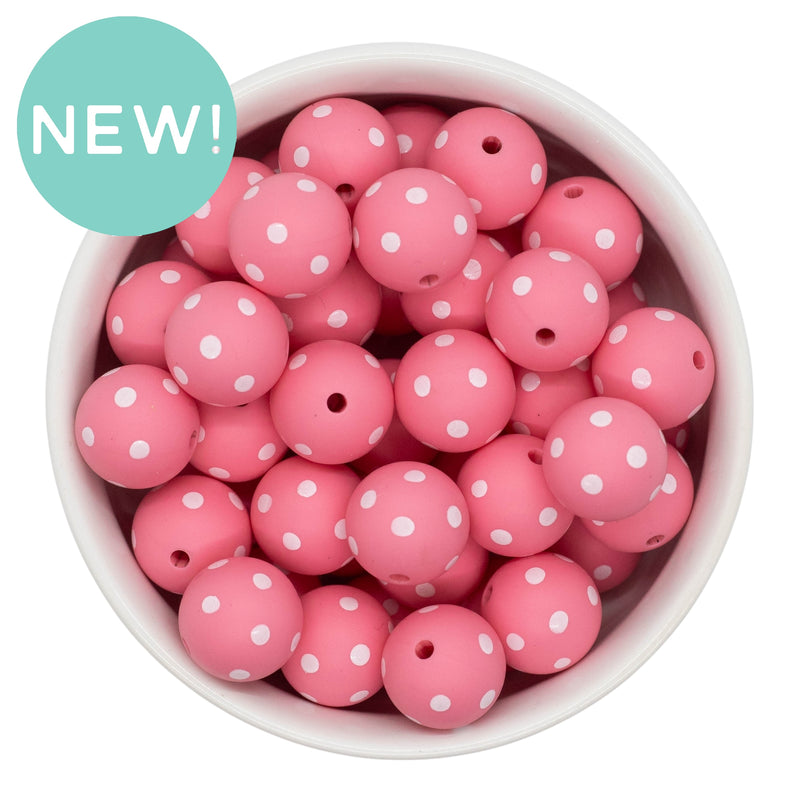 Coral Pink w/White Polka Dot Printed Silicone Beads 15mm