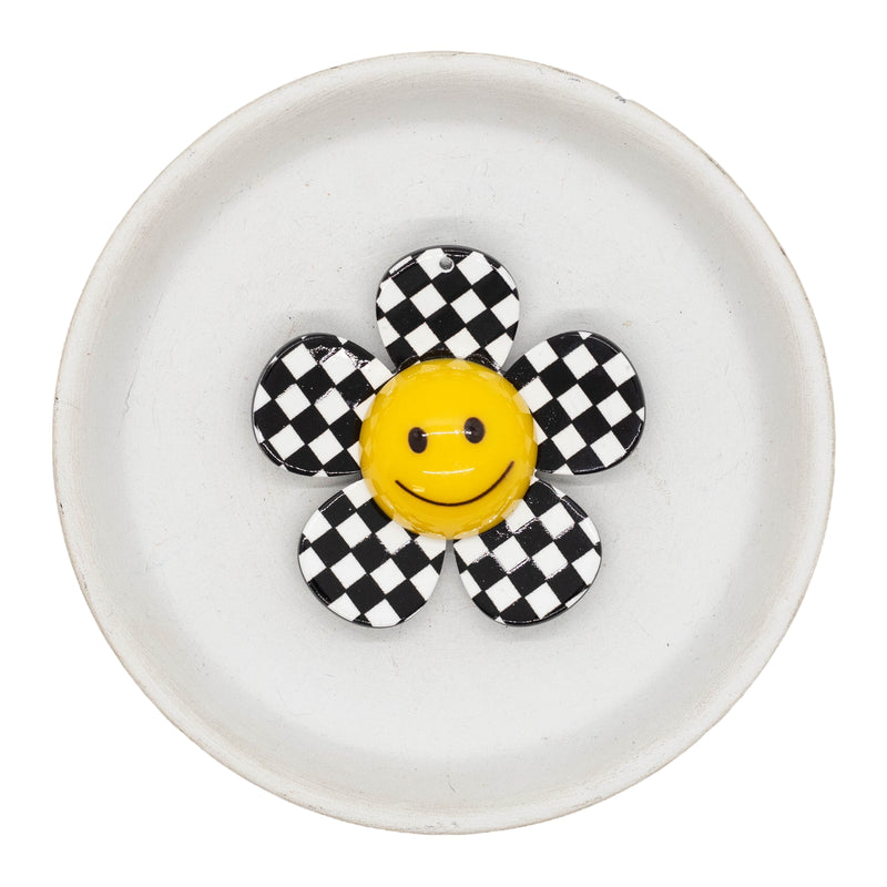 3-D Black & White Check Smiling Daisy Acrylic Accent w/Hole 40x33mm (Package of 1)