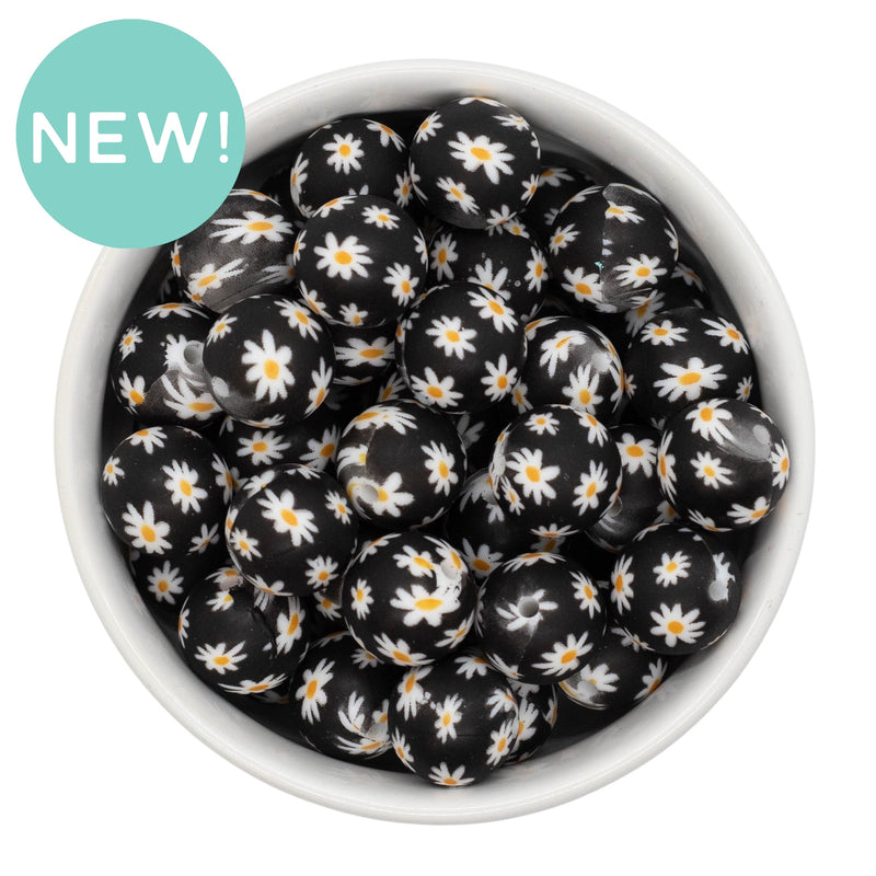 Daisies on Black Printed Silicone Beads 15mm