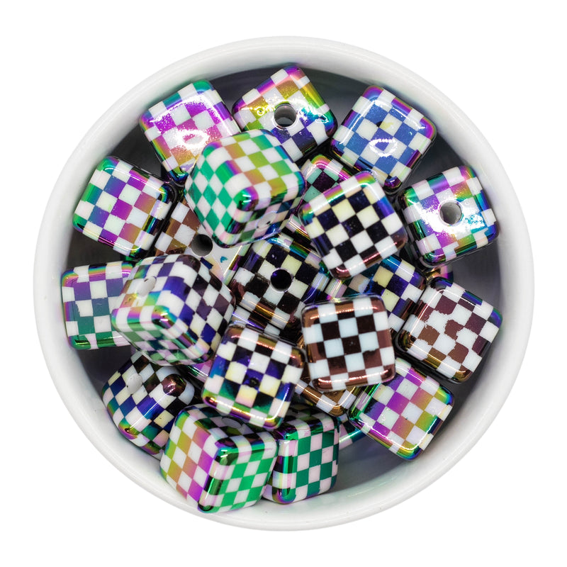 Iridescent Black and White Check Square Beads 16mm (Package of 10)