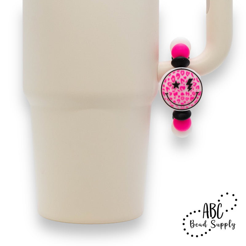 Neon Pink Leopard Smiley Silicone Beverage Charm Kit