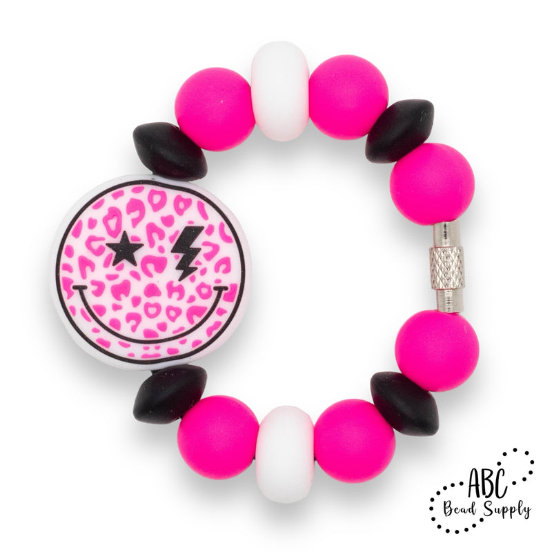 Neon Pink Leopard Smiley Silicone Beverage Charm Kit