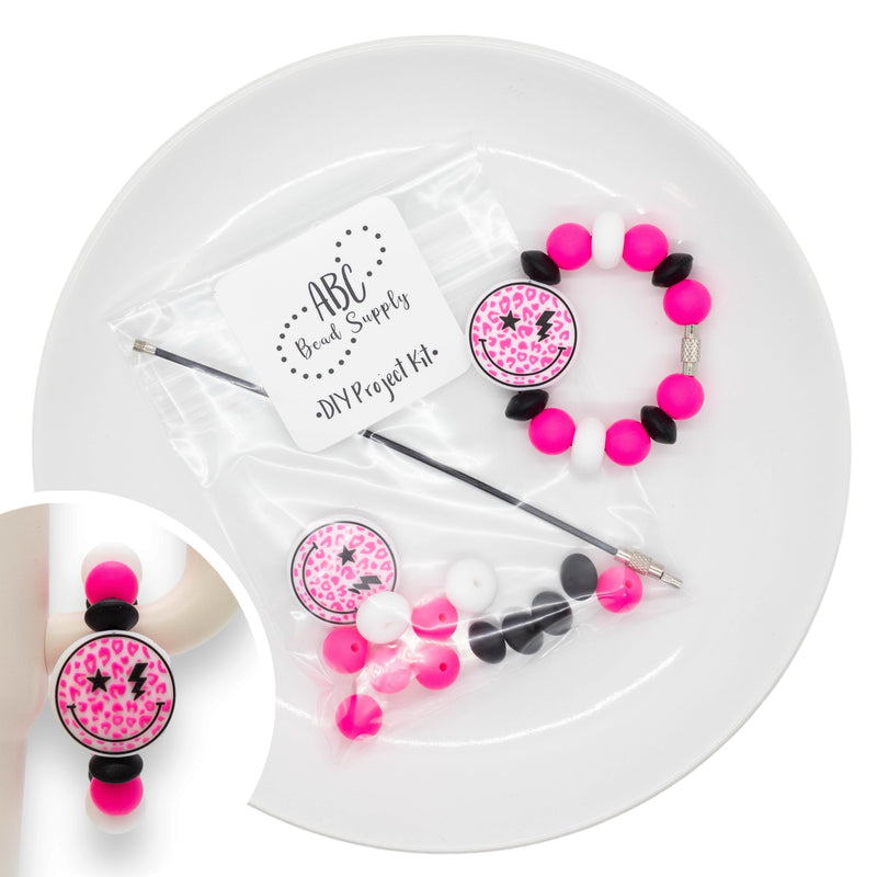 Neon Pink Leopard Smiley Silicone Beverage Charm Kit